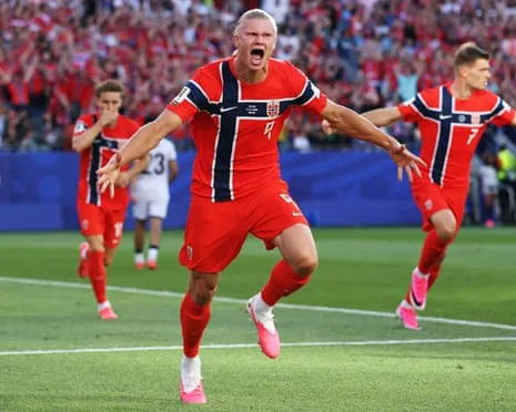 Erling Haaland reacts after scoring Norway’s first goal against Iraq at Boston Stadium