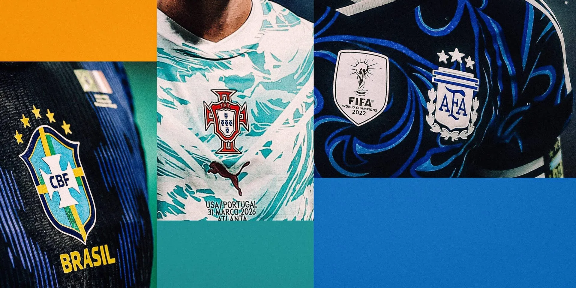 A design shows Brazil, Portugal and Argentina's away shirts