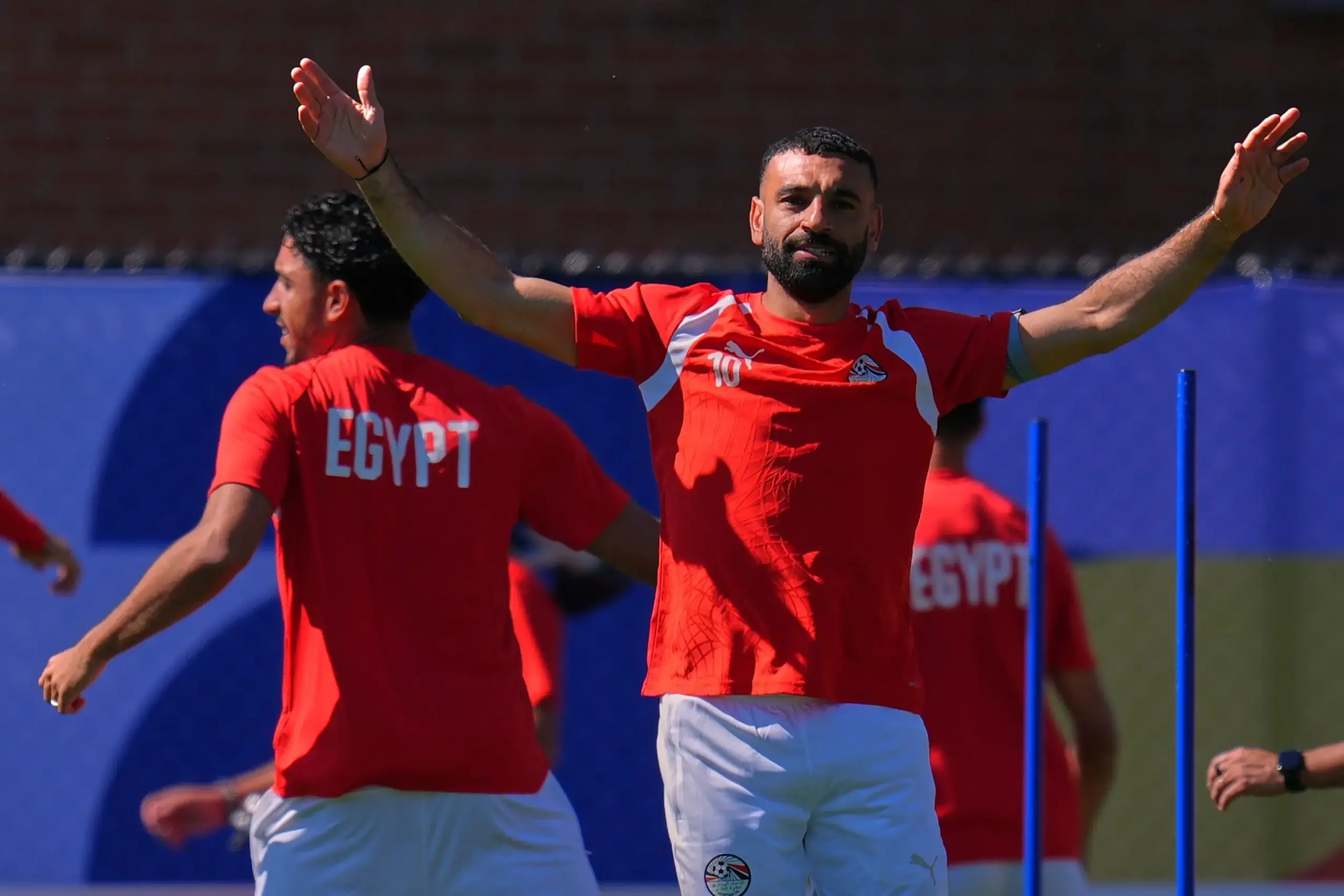 Egypt's Mohamed Salah participates with his teammates in a training session ahead of their team's World Cup Group G soccer match against Belgium in Seattle, Sunday, June 14, 2026. (AP Photo/Manu Fernandez)