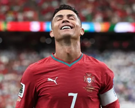 Cristiano Ronaldo celebrates scoring Portugal’s third goal, and his second, against Uzbekistan.