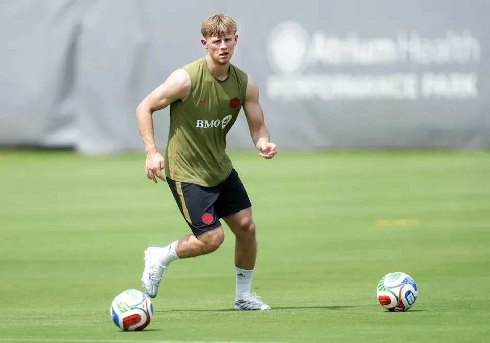 Canada defender Luc de Fougerolles dribbles the ball during team Canada World Cup roster selection camp in Charlotte, NC on Thursday, May 28, 2026. THE CANADIAN PRESS/Nathan Denette