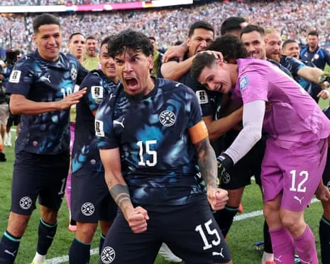 Gustavo Gomez leads the Paraguayan celebrations after their dramatic shootout win over Germany