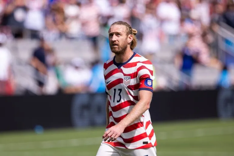 United States defender Tim Ream (13) watches a replay during the first half against Senegal in an international friendly soccer match Sunday, May 31, 2026, in Charlotte, N.C. (AP Photo/Scott Kinser)