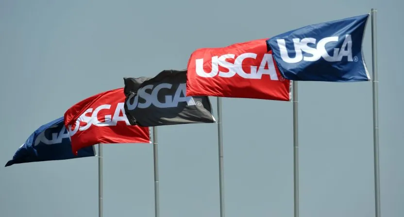 USGA flags are shown during the first round of the U.S. Women's Open