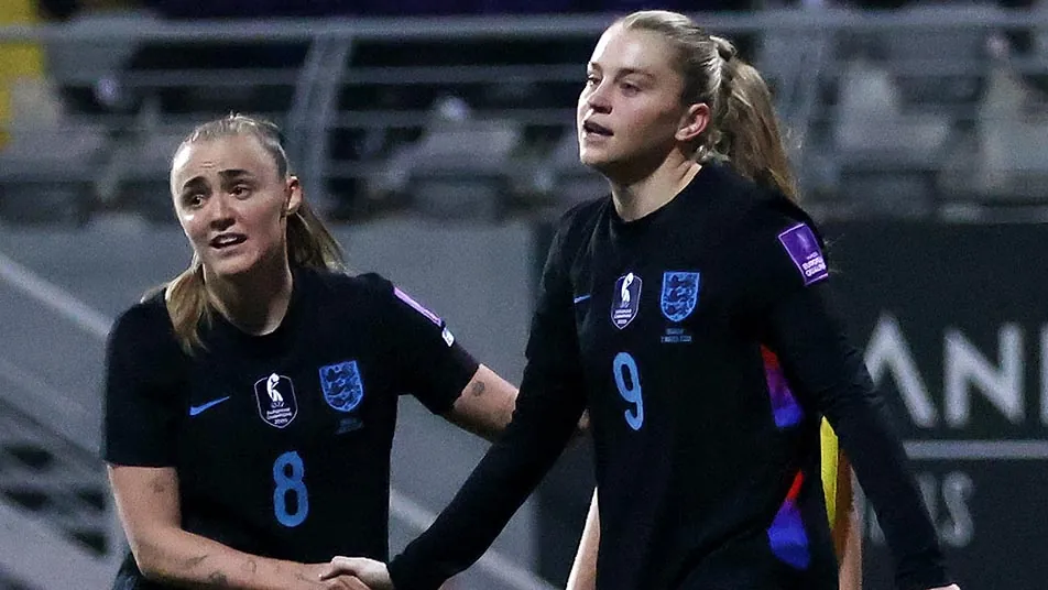 England's Georgia Stanway and Alessia Russo celebrate against Ukraine
