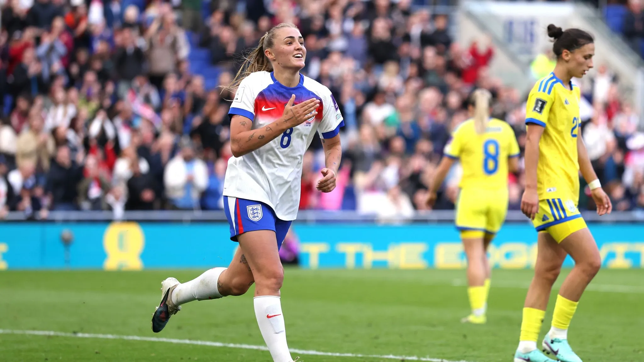 Georgia Stanway celebrates doubling England's lead vs Ukraine