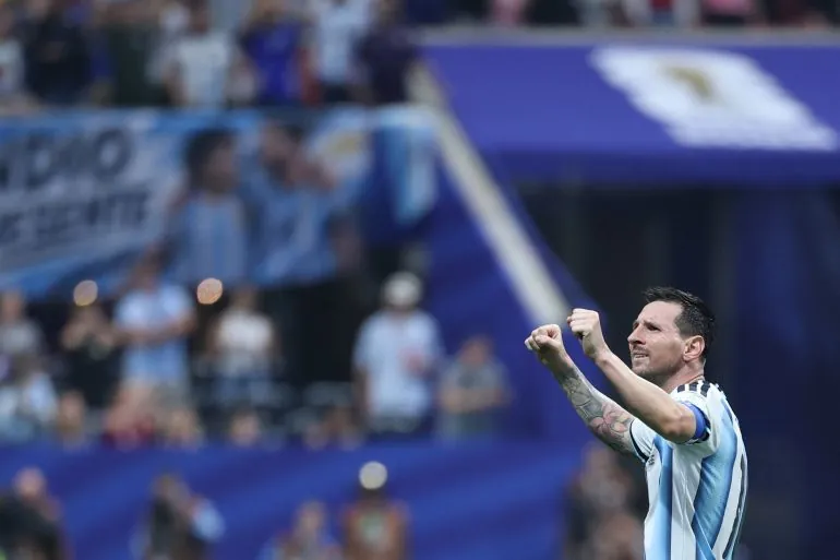 Argentina's forward #10 Lionel Messi celebrates.