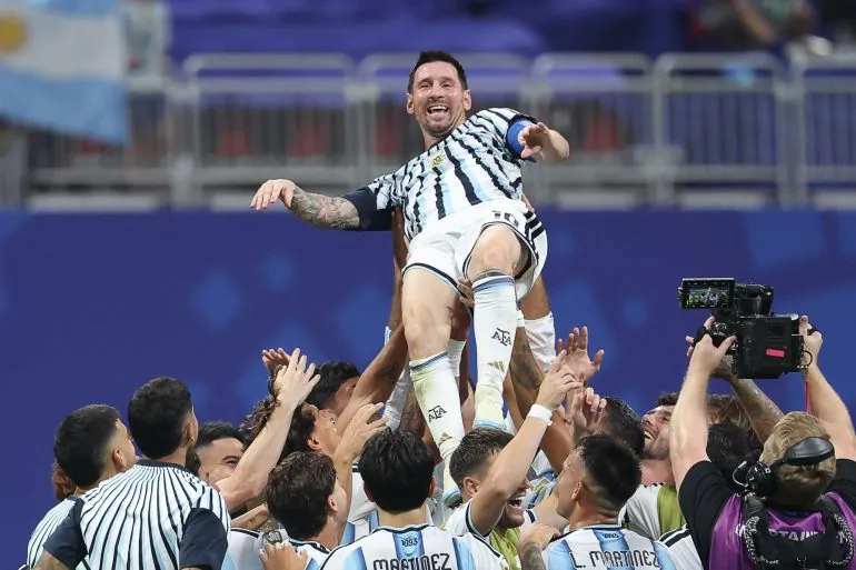 Lionel Messi reacts.