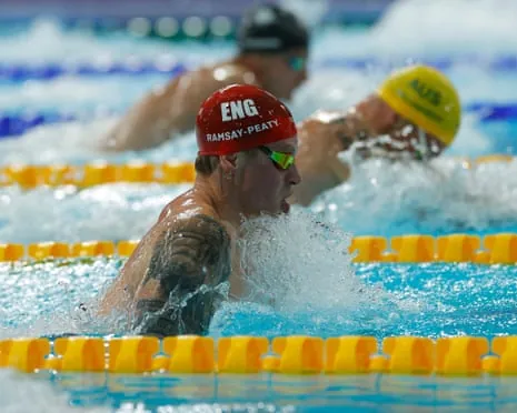 England's Adam Ramsay-Peaty on his way to finishing third in the men's 100m breaststroke final