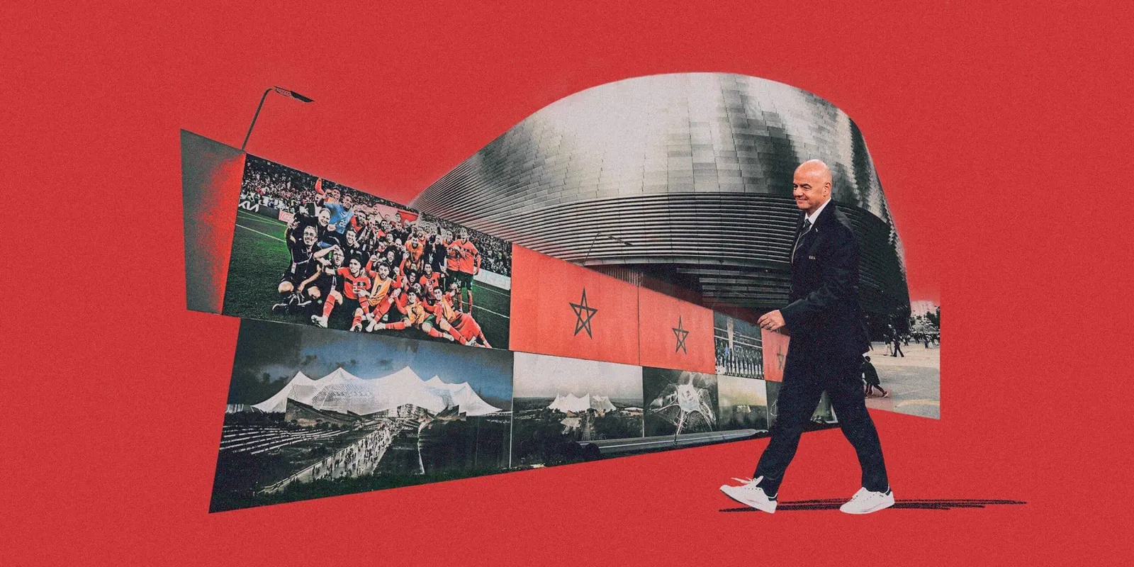 A designed image showing Gianni Infantino set against a backdrop of Spain and Morocco World Cup pictures