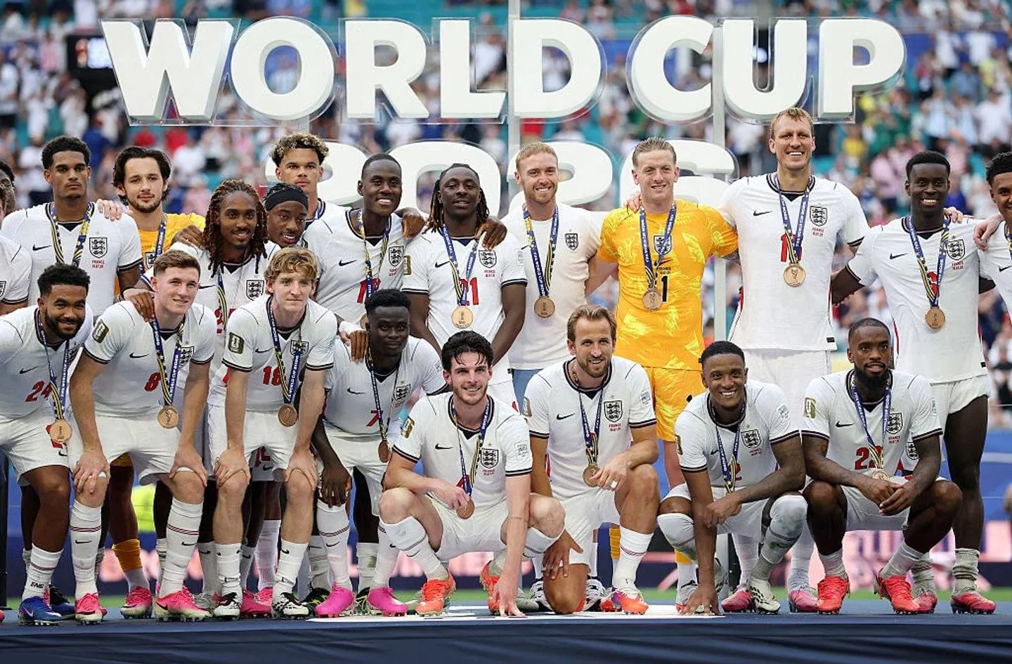 MIAMI GARDENS, FLORIDA - JULY 18: England players pose for a photograph after receiving their third place medals after their 6-4 win during the FIFA World Cup 2026 Bronze Final between France and England at Miami Stadium on July 18, 2026 in Miami Gardens, Florida. (Photo by Sarah Stier - FIFA/FIFA via Getty Images)