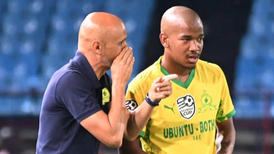 Mamelodi Sundowns coach Miguel Cardoso and Jayden Adams. Lefty Shivambu/Gallo Images