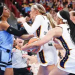 Sky's Carrington tossed after hard foul on Fever's Cunningham