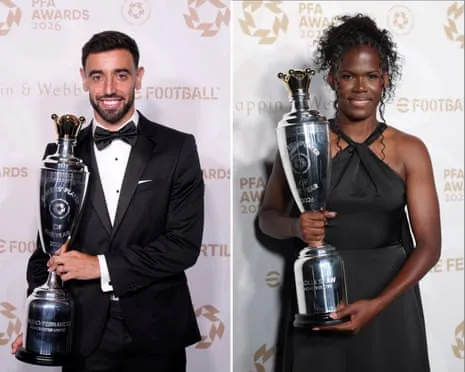 Bruno Fernandes and Khadija Shaw hold their PFA player of the year awards