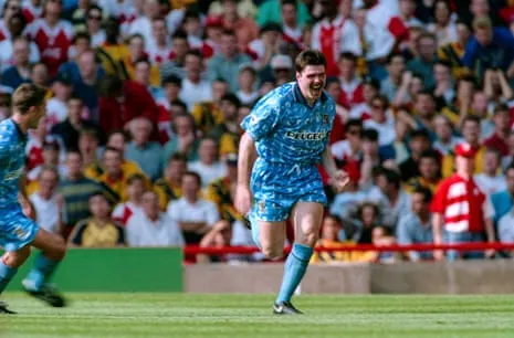 Coventry City goal machine Micky Quinn celebrates after scoring a hat-trick against Arsenal on the opening day of the 1993/94 at Highbury.