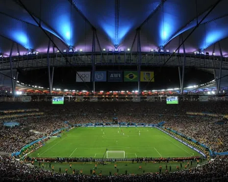 An aerial view of packed Maracana Stadium at night during the 2014 World Cup Final