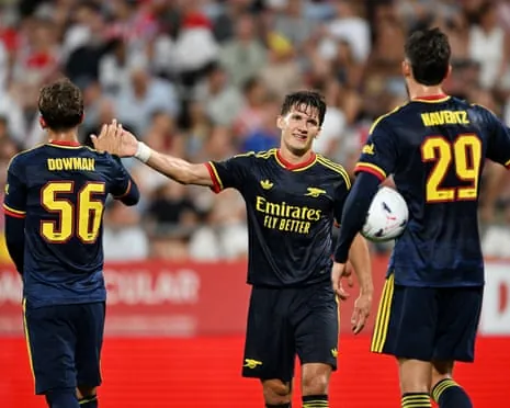 Christos Tzolis (centre) celebrates with Max Dowman and Kai Havertz after scoring Arsenal’s second goal against Girona.