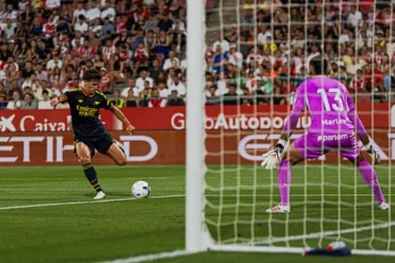 Christos Tzolis scores Arsenal’s second goal against Girona.