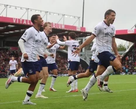James Tarkowski (right) celebrates scoring Everton’s equaliser in stoppage time at the Vitality Stadium.
