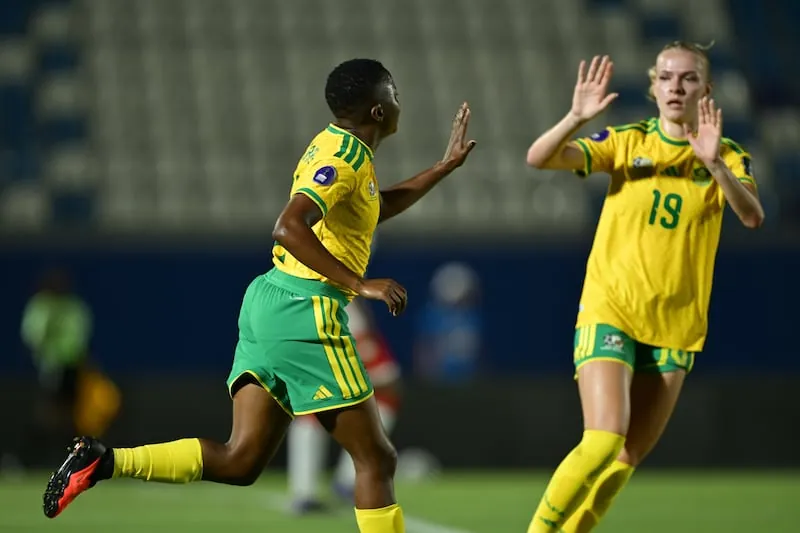 Thembi Kgatlana of South Africa celebrates her goal with Isabella Ludwig during their 2026 Women’s Africa Cup of Nations match at Moulay Rachid Stadium in Casablanca. Picture:(Nabil Ramdani/BackpagePix)