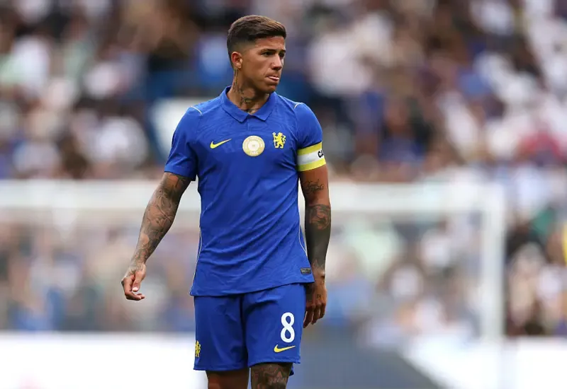Enzo Fernandez in a blue Chelsea kit