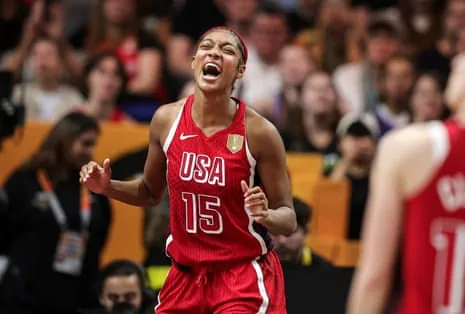 Angel Reese reacts during the USA’s 76-66 semi-final win over Spain at the Fiba Women’s Basketball World Cup in Berlin on Saturday.