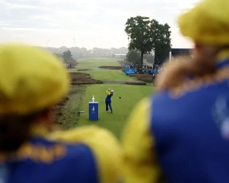 Maja Stark of Europe tees off on the first hole during the second morning of foursomes against the USA