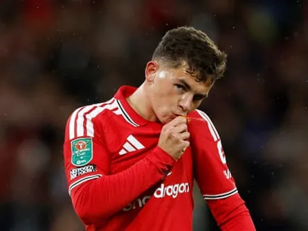 The Manchester United winger Shea Lacey celebrates scoring his team’s first goal in their 3-2 defeat at home to Brighton in the third round of the Carabao Cup.