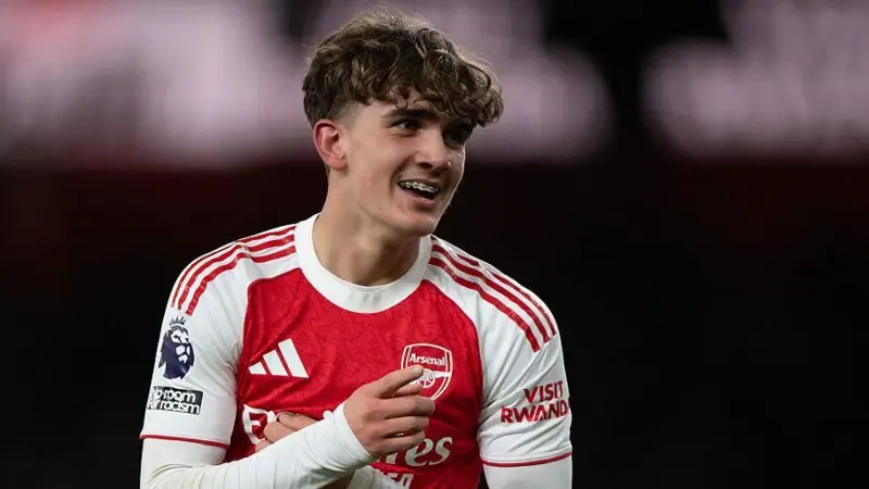 Max Dowman celebrates after scoring Arsenal's second goal during their win over Everton in March 2026